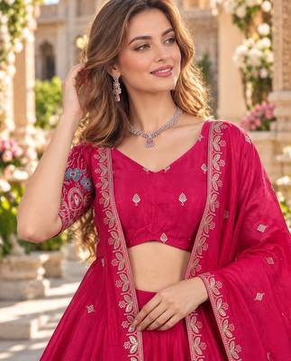 Pink Silk Blend Semi Stitced Lehenga Choli with Thread & Sequence Work 2