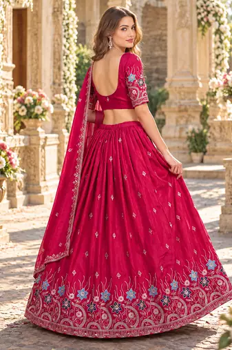 Pink Silk Blend Semi Stitced Lehenga Choli with Thread & Sequence Work