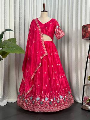 Pink Silk Blend Semi Stitced Lehenga Choli with Thread & Sequence Work 4