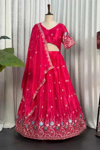 Pink Silk Blend Semi Stitced Lehenga Choli with Thread & Sequence Work