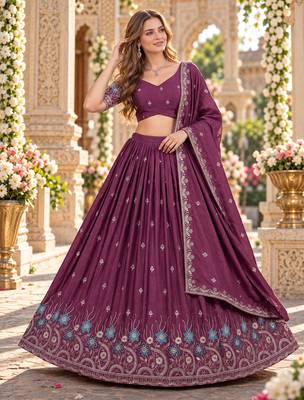Mauve Silk Blend Semi Stitced Lehenga Choli with Thread & Sequence Work 1