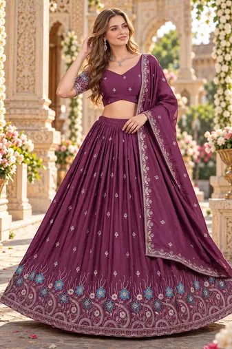Mauve Silk Blend Semi Stitced Lehenga Choli with Thread & Sequence Work