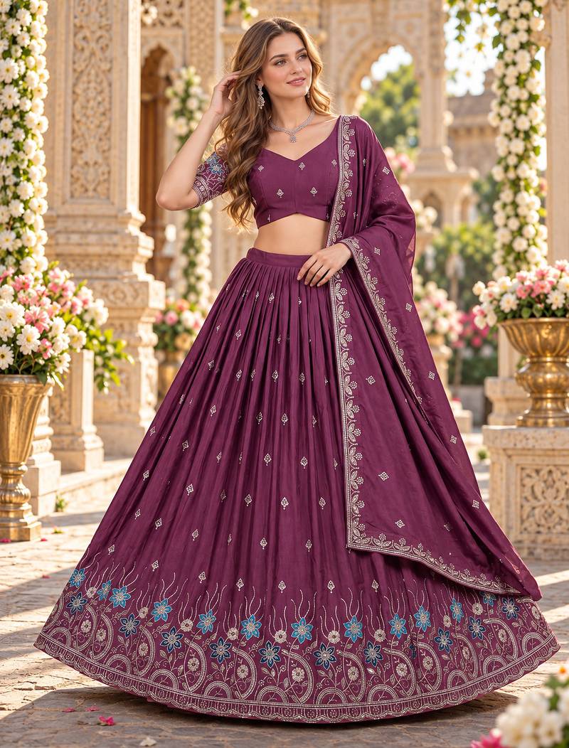 Mauve Silk Blend Semi Stitced Lehenga Choli with Thread & Sequence Work