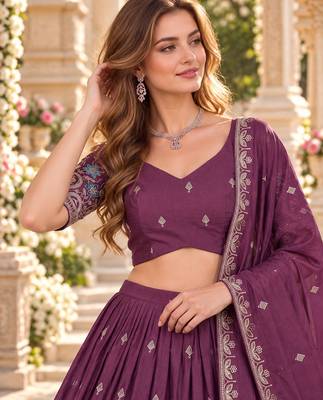 Mauve Silk Blend Semi Stitced Lehenga Choli with Thread & Sequence Work 2