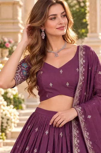 Mauve Silk Blend Semi Stitced Lehenga Choli with Thread & Sequence Work