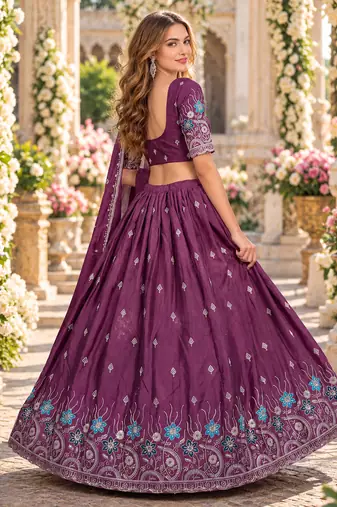 Mauve Silk Blend Semi Stitced Lehenga Choli with Thread & Sequence Work