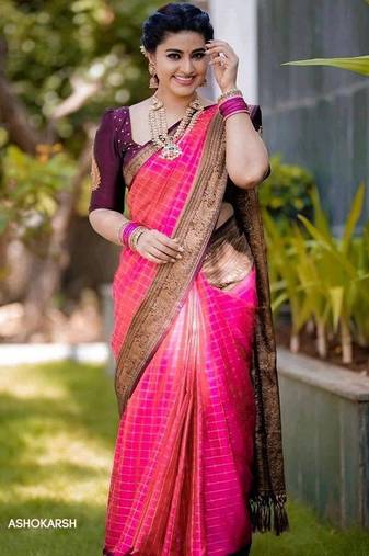 Rani pink wine silk blend jacuard work festival saree with unstitched blouse piece