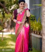 Rani pink wine silk blend jacuard work festival saree with unstitched blouse piece