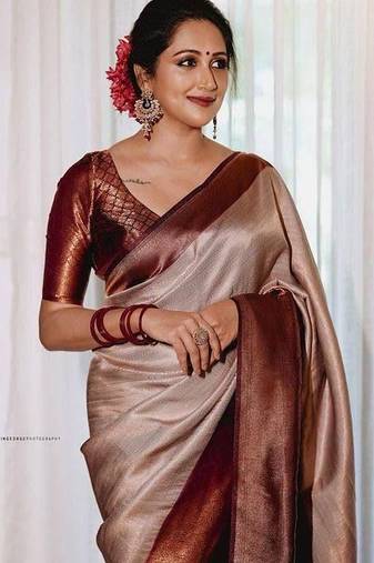 Beige wine silk blend jacuard work festival saree with unstitched blouse piece