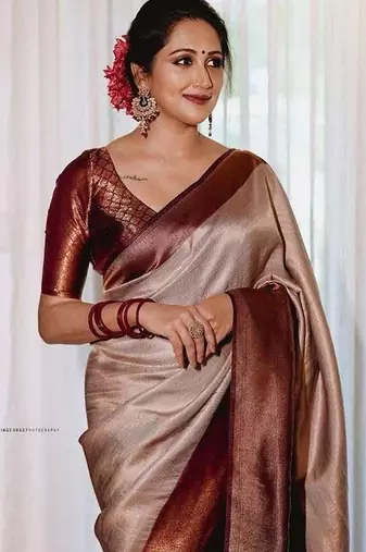 Beige wine silk blend jacuard work festival saree with unstitched blouse piece