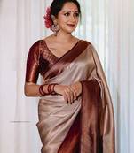 Beige wine silk blend jacuard work festival saree with unstitched blouse piece