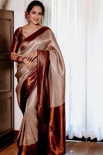 Beige wine silk blend jacuard work festival saree with unstitched blouse piece