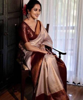 Beige wine silk blend jacuard work festival saree with unstitched blouse piece 3