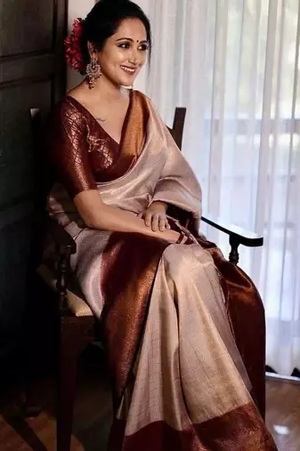 Beige wine silk blend jacuard work festival saree with unstitched blouse piece