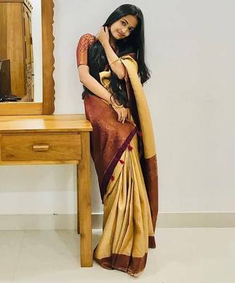 Mustard brown silk blend jacuard work festival saree with unstitched blouse piece 2
