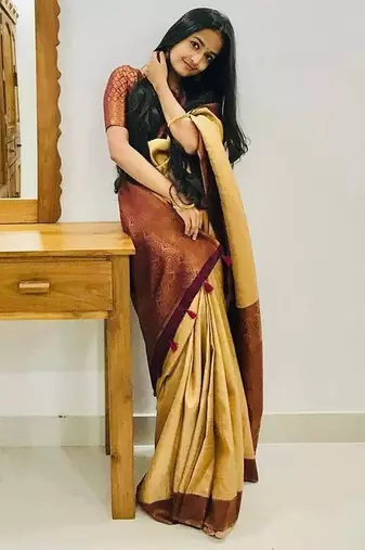 Mustard brown silk blend jacuard work festival saree with unstitched blouse piece