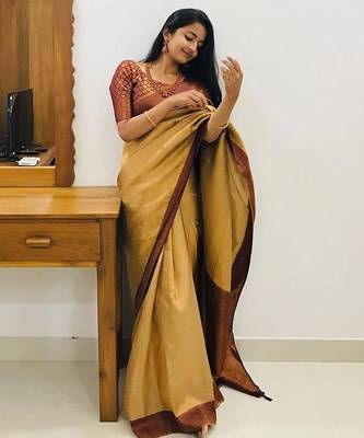 Mustard brown silk blend jacuard work festival saree with unstitched blouse piece 3