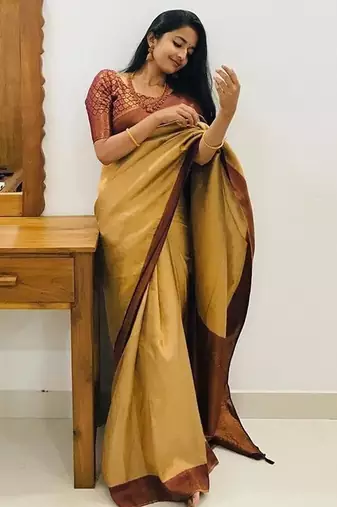 Mustard brown silk blend jacuard work festival saree with unstitched blouse piece