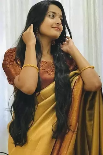 Mustard brown silk blend jacuard work festival saree with unstitched blouse piece