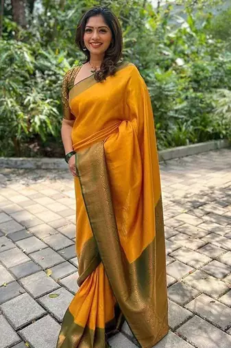 Yellow green silk blend jacuard work festival saree with unstitched blouse piece