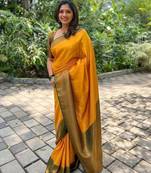 Yellow green silk blend jacuard work festival saree with unstitched blouse piece