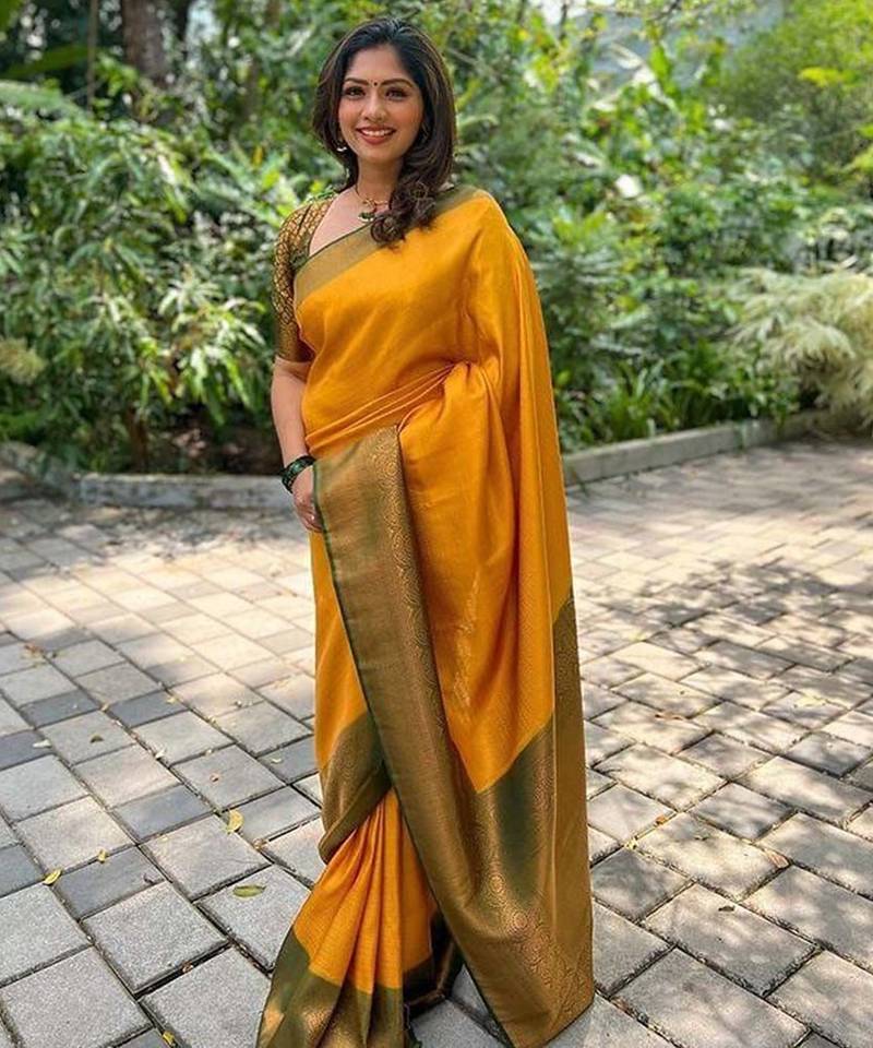 Yellow green silk blend jacuard work festival saree with unstitched blouse piece
