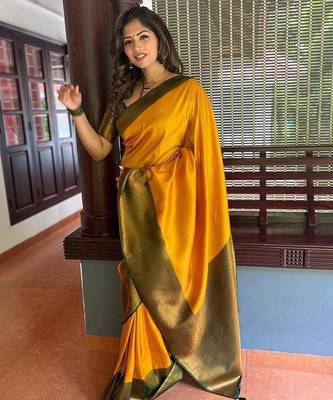 Yellow green silk blend jacuard work festival saree with unstitched blouse piece 2