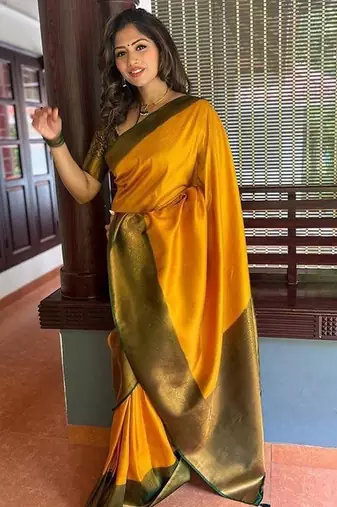 Yellow green silk blend jacuard work festival saree with unstitched blouse piece