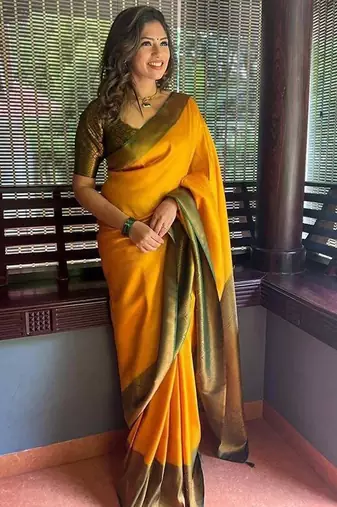 Yellow green silk blend jacuard work festival saree with unstitched blouse piece