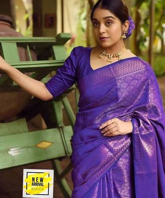 Blue silk blend jacuard work festival saree with unstitched blouse piece 1