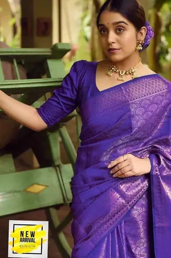 Blue silk blend jacuard work festival saree with unstitched blouse piece