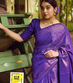 Blue silk blend jacuard work festival saree with unstitched blouse piece