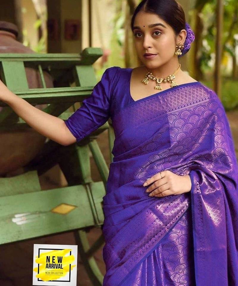 Blue silk blend jacuard work festival saree with unstitched blouse piece