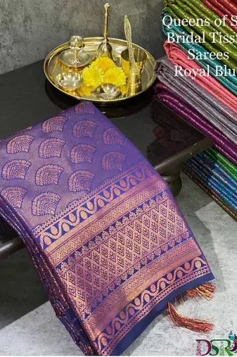 Blue silk blend jacuard work festival saree with unstitched blouse piece