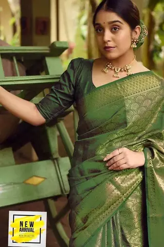 Green silk blend jacuard work festival saree with unstitched blouse piece