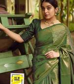 Green silk blend jacuard work festival saree with unstitched blouse piece