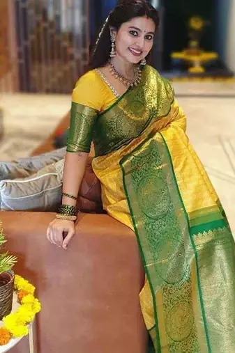 Yellow green  silk blend jacuard work festival saree with unstitched blouse piece