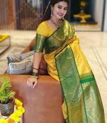 Yellow green  silk blend jacuard work festival saree with unstitched blouse piece