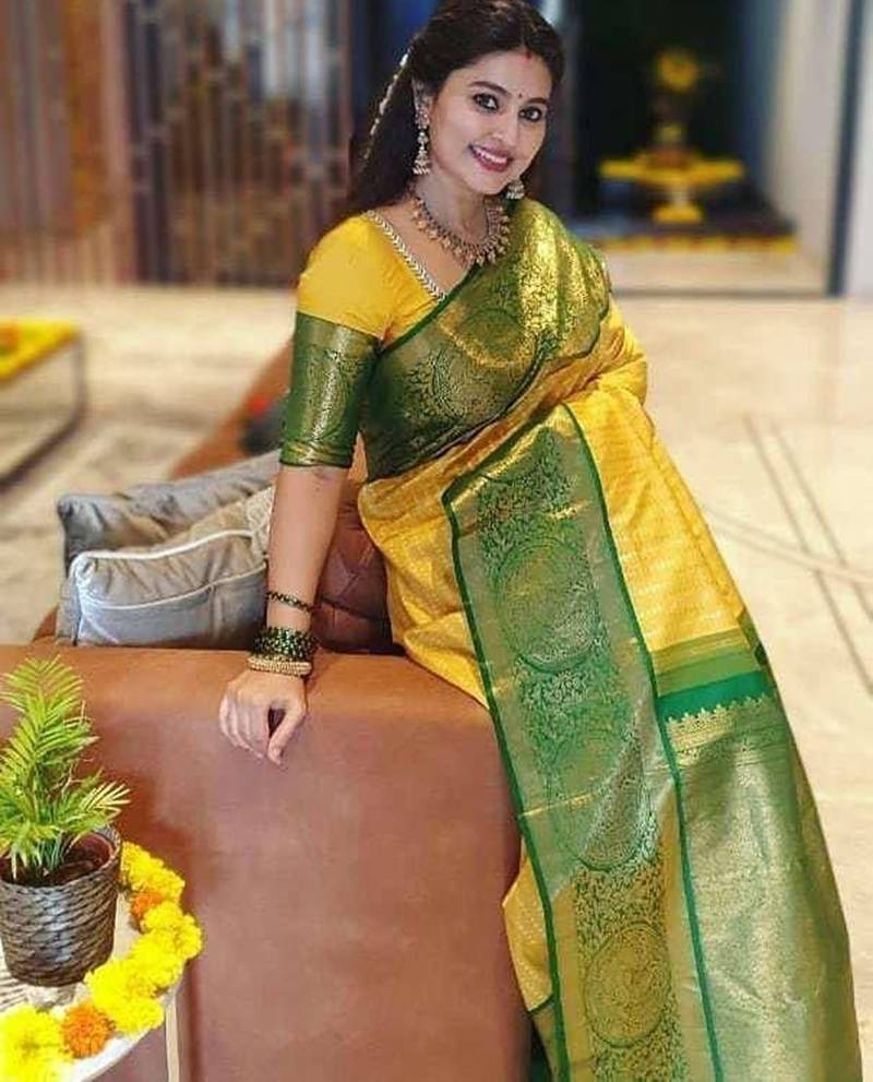 Yellow green  silk blend jacuard work festival saree with unstitched blouse piece