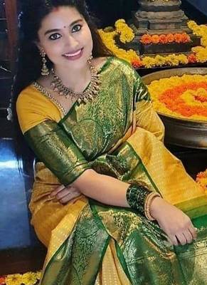 Yellow green  silk blend jacuard work festival saree with unstitched blouse piece 2