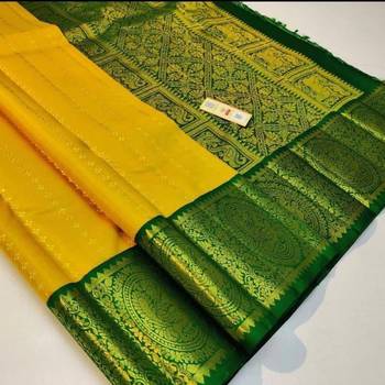 Yellow green  silk blend jacuard work festival saree with unstitched blouse piece 3
