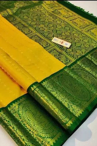 Yellow green  silk blend jacuard work festival saree with unstitched blouse piece