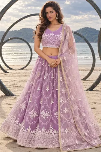 LAVENDER NET THREAD WITH ZARI AND SEQUINCE WORK FESTIVE LEHENGA CHOLI SET FOR WOMEN'S
