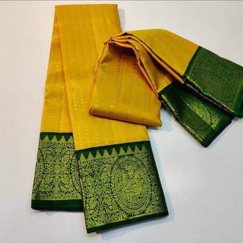 Yellow green  silk blend jacuard work festival saree with unstitched blouse piece 4