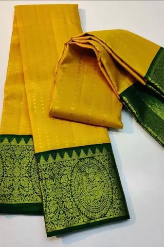 Yellow green  silk blend jacuard work festival saree with unstitched blouse piece