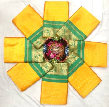 Yellow green  silk blend jacuard work festival saree with unstitched blouse piece 5