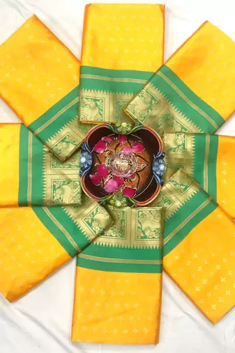 Yellow green  silk blend jacuard work festival saree with unstitched blouse piece