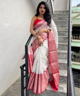 White red  silk blend jacuard work festival saree with unstitched blouse piece 1