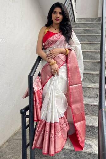 White red  silk blend jacuard work festival saree with unstitched blouse piece