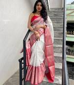 White red  silk blend jacuard work festival saree with unstitched blouse piece